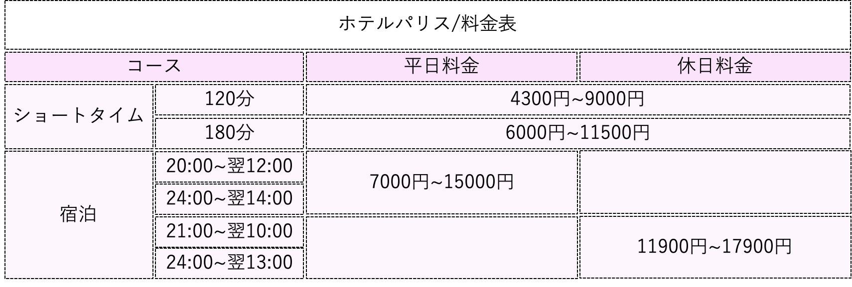 ホテルパリス 料金表